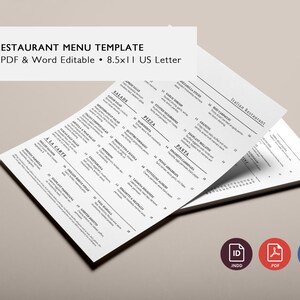 Menú de Restaurante Italiano para Imprimir – Plantilla Editable InDesign, Diseño Sofisticado Blanco y Negro PDF