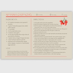 Carte de recette de gaspacho imprimable 4 x 6 pouces - modifiable en toile CANVA, prête pour votre collection culinaire, inspiration cuisine espagnole, modèle de livre de recettes
