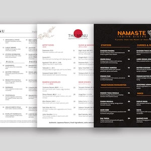 Pode incluir: São exibidos três menus de restaurantes, apresentando cozinha italiana, japonesa e indiana. Os menus apresentam vários pratos, incluindo entradas, sushi, caril e pratos principais. Os menus são brancos com texto preto e alguns detalhes coloridos.
