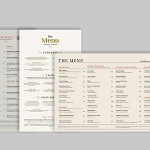 Puede incluir: Tres menús de restaurante rectangulares con texto negro sobre papel de color claro. El menú de la izquierda se titula The Menu, el central The Menu Mexican Canteen y el de la derecha The Menu Steakhouse Classics & Cocktail Bar.