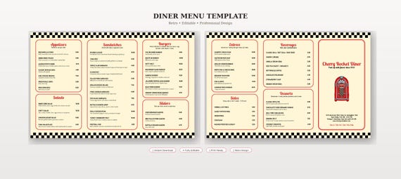 Retro Diner Menu Template | 17x11 Trifold | Editable Indesign +