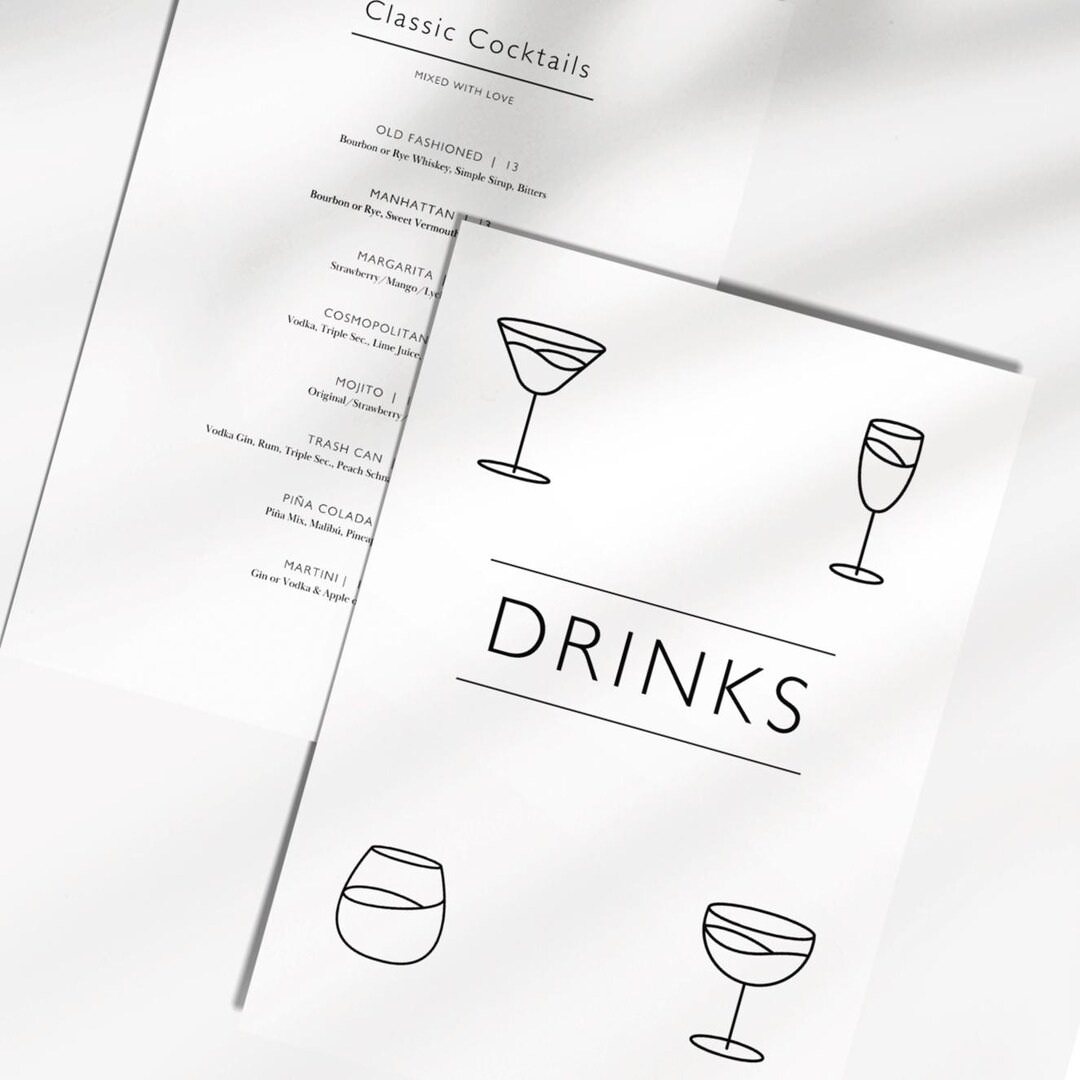 Example Personalised Cocktail Menu Editable Cocktail List for Bars & Restaurants 4x6 Elegant Drink Menu ...