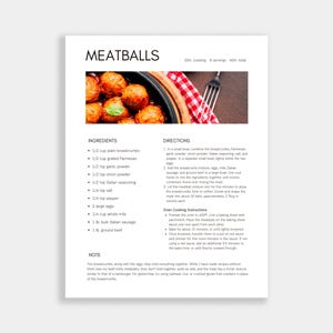 Plantilla de Receta Editable Canva | Albóndigas Italianas Polpette | Imprimible Tamaño Carta | Ficha Cocina Minimalista PDF