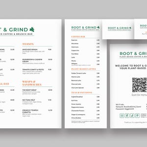 Pack Plantillas Menú Café Vegano – InDesign Editable, Menú Comida y Bebidas, Tarjetas y Cartel Bienvenida