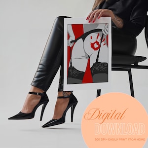 Smack | Digital Download | Bookish Sexy Pop Art Lingerie Print, Red White Black Wall Decor, Provocative Handprint,  Bold Artwork