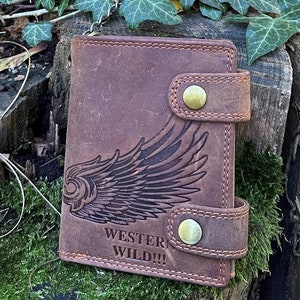 Cartera de motociclista de piel auténtica marrón con grabado de águila y cadena de metal – Western Wild