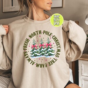 Retro Farm Fresh North Pole Shirt, Christmas Pink Bow Sweatshirt, Christmas Coquette Bow Shirts, Christmas Season, North Pole Shirt -CC011