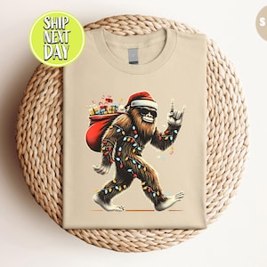 Santa Bigfoot Christmas Lights T-shirt, Christmas Tree Santa, Bigfoot Sasquatch T-Shirt, Big-foot Rock Roll, Xmas Bigfoot Lover tshirt-CC055
