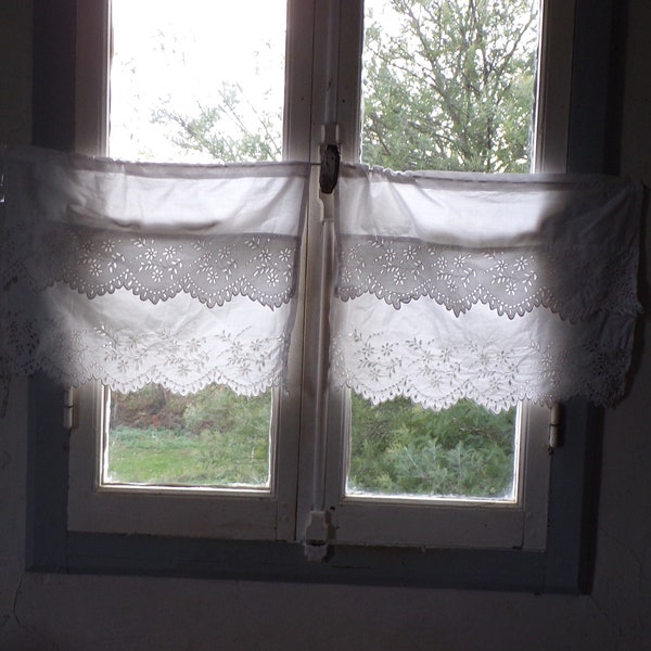 A pair of vintage broderie anglaise cafe curtains 60s France