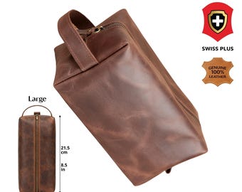 Personalized Genuine Leather Dopp Kit, Large Travel Toiletry Bag, Engraved Shaving Organizer