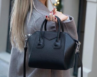 Personalized Genuine Leather Top Handle Bag, Small Satchel Shoulder Handbag