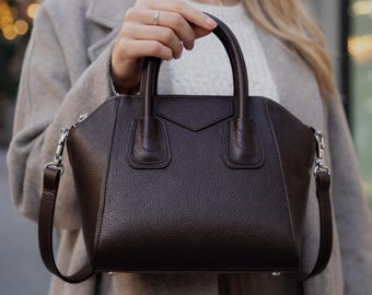 Genuine Leather Top Handle Satchel, Structured Crossbody Handbag, Minimalist Everyday Purse