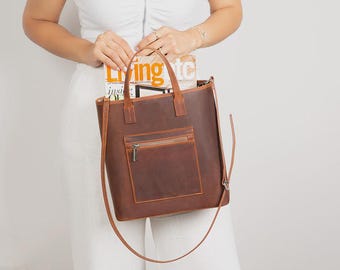 Genuine Leather Handmade Minimalist Tote Bag, Structured Work Shoulder Bag, Mother's Day Gift