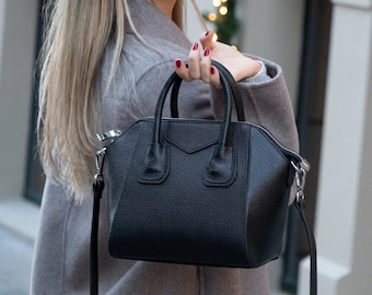 Personalized Genuine Leather Top Handle Bag, Small Satchel Shoulder Handbag