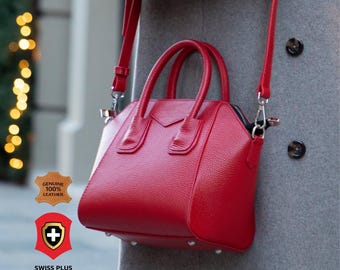 Personalized Genuine Leather Top Handle Bag, Structured Satchel Shoulder Purse, Compact Size