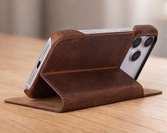 iPhone 17 Pro Leather Wallet Case, Folio Flip Cover Card Holder Stand, Personalized Gift