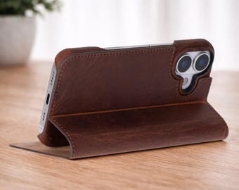 iPhone 17 Leather Wallet Case, Folio Flip Cover with Card Holder Stand, Personalized Gift
