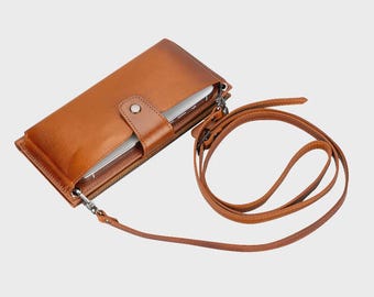 Handmade Crossbody Phone Wallet with Strap, RFID Card Holder, Personalized Gift for Women