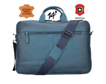 Genuine Leather Laptop Briefcase: RFID Protection, Custom Engraved (14")