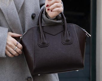 Genuine Leather Top Handle Satchel, Small Crossbody Handbag, Structured Everyday Purse