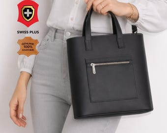 Genuine Leather Structured Tote Bag, Minimalist Shoulder Bag, Everyday Work Carry, Mother's Day Gift