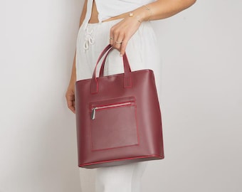 Genuine Leather Structured Tote Bag, Minimalist Work Shoulder Bag, Mother's Day Gift