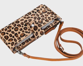 Leopard Print Crossbody Phone Wallet, Leather Strap Card Holder, Personalized Gift for Women