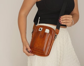 Genuine Leather Phone Bag Crossbody, Minimalist Everyday iPhone Holder