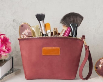 Luna Leder Make-up Tasche | Handgemachte Kosmetiktasche | Zipper Kulturbeutel | Reisegeschenk für Frauen | Echtes Leder