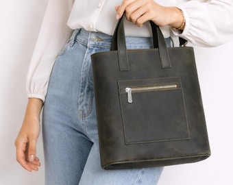 Genuine Leather Tote, Minimalist Work Shoulder Bag, Handmade Everyday Tote