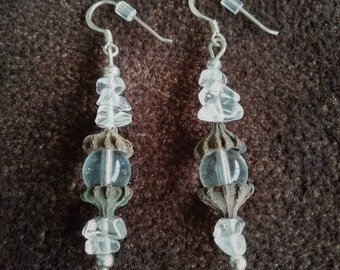 Boucles d'oreilles quartz, œil de tigre, chapeau eucalyptus et argent 925