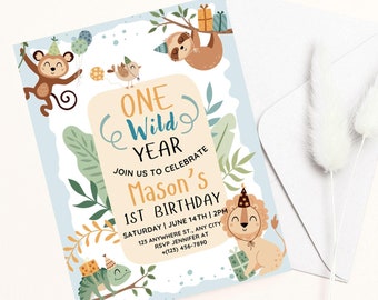 One Wild Year Editable Birthday Invite, Fun Safari Themed 1st Birthday Invitation for Boys&#39; 1st Birthday, Jungle Themed Birthday Invite