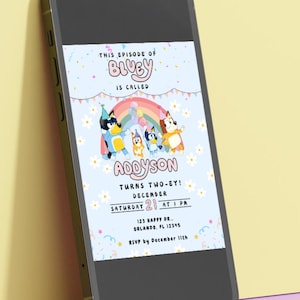 May include: Bluey birthday party invitation with a blue background and colorful confetti. The invitation features the characters from the show Bluey, including Bluey, Bingo, and Bandit. The text on the invitation reads "This episode of Bluey is called Addyson Turns Two-ey! December 21st at 1 PM 123 Happy Dr. Orlando, FL 12345 RSVP by December 11th".