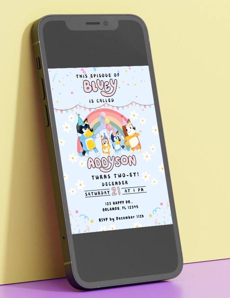 May include: Bluey birthday party invitation with a blue background and colorful confetti. The invitation features the characters from the show Bluey, including Bluey, Bingo, and Bandit. The text on the invitation reads "This episode of Bluey is called Addyson Turns Two-ey! December 21st at 1 PM 123 Happy Dr. Orlando, FL 12345 RSVP by December 11th".