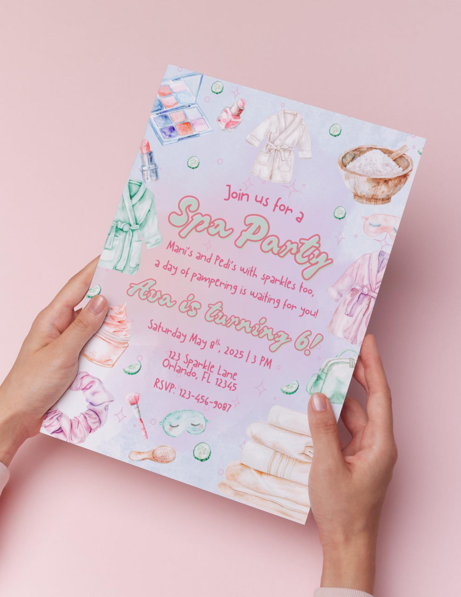 Spa Day Party Invite - Editable Birthday Invitation, Digital Download
