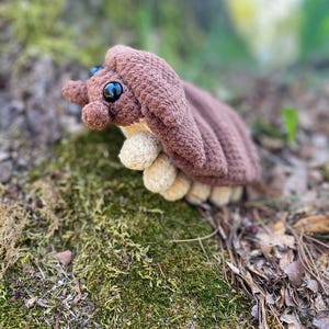 May include: A handmade brown crochet bug plush toy with large black eyes and tan legs, resting on a bed of green moss. The plush has a textured, soft appearance, and is set against a blurred natural background.