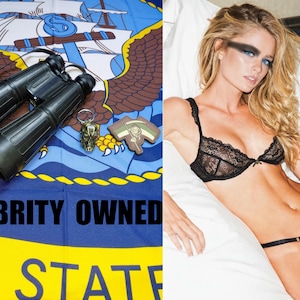 May include: Black binoculars, a metallic skull keychain, and a rectangular patch with a scythe graphic resting on a blue, white, and yellow flag with the text CELEBRITY OWNED UNITED STATES. A black lace bra and matching thong set with thin straps.