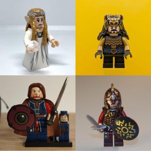 May include: Four Lego minifigures: an elf with a white dress and a crystal, a warrior with a gold helmet, a warrior with a sword and shield, and a soldier with a sword and shield. The figures are on a white and yellow background.