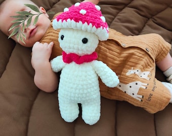 Gepersonaliseerde paddenstoelpop voor jongens en meisjes, handgemaakte paddenstoelcadeau babyshower, amigurumi-paddenstoel