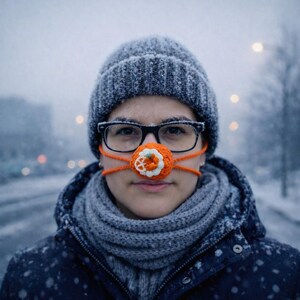 May include: A person wearing a gray knit beanie, black glasses, and a crocheted orange nose warmer with a white flower design. The person is also wearing a gray scarf and a dark blue jacket. Snow is falling in the background.
