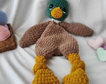 Personalized Mallard Duck Snuggler Lovey, Amigurumi Baby Hunting Themed Gift for Grandson, Duck Nursery Decor