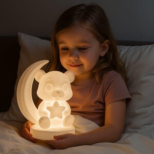 Adorable 3D Printed Night Light – Bear & Moon Lamp with Remote | Cozy Night Light | Colour Changing Lamp | Kawaii Night Light