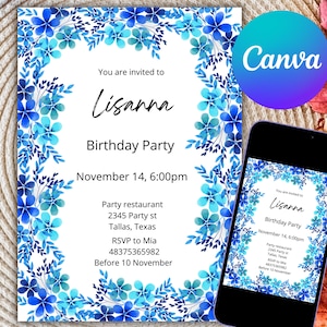Faire-part d'anniversaire fleur bleue élégant modèle de toile de fleurs sauvages 30e, 40e, 50e, 60e, carte de fête modifiable, étape importante, inviter imprimable