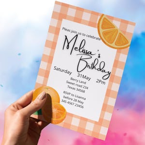 Carte d'invitation d'anniversaire orange modifiable, invitation de fête orange, anniversaire d'été, modèle d'invitation imprimable à téléchargement immédiat pour les enfants de tout âge