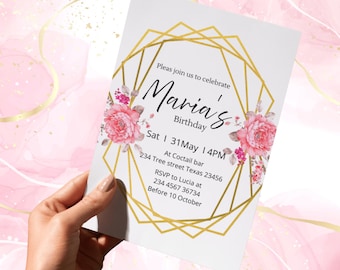 Floral Birthday Invitation, Elegant Gold Frame (Canva Editable, Digital Download)