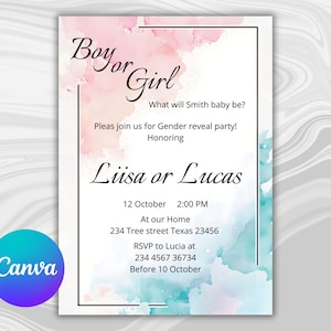 Gender Reveal Einladung Pink oder Blau Pastell Baby Reveal Card Bearbeitbare Canva Vorlage Süßer Junge oder Mädchen Digital laden druckbare Dusche ein