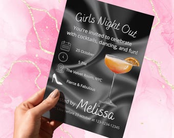 Girls Night Out Invitation: Black Cocktail Party, Editable Canva Template (Digital Download)