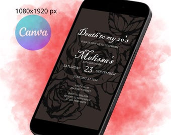May include: A black smartphone displays a digital invitation with the text "Death to my 20's" and "Melissa's 30th Birthday." The invitation features floral graphics and event details. The phone is set against a red and white watercolor background.
