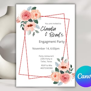 Invitación de compromiso floral enmarcada, elegante plantilla editable de Canva para fiesta de aniversario, celebración de 25, 50 y 60 años, invitación imprimible
