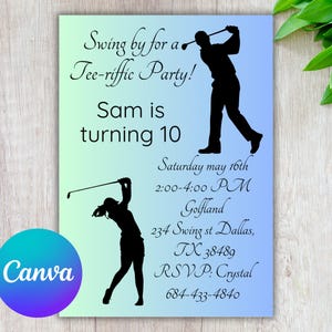 Invitación de cumpleaños de golf para niños editable en Canva. Invitación para fiesta infantil "Let's Par Tee". Plantilla de cumpleaños con temática de golf imprimible o digital.